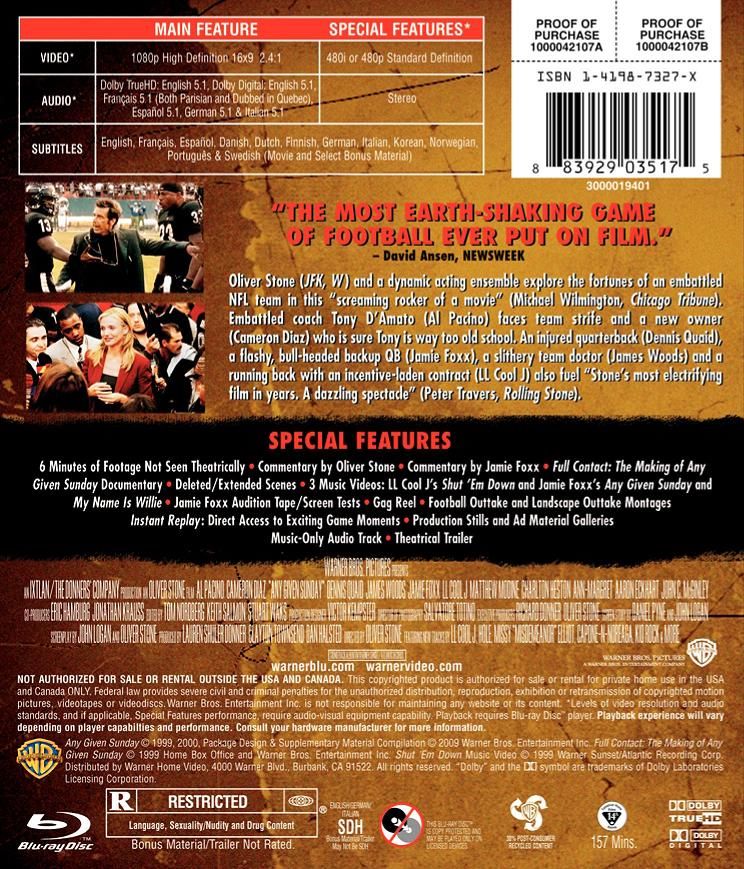 Any Given Sunday Blu-ray movie collectible [Barcode 883929035175] - Main Image 2