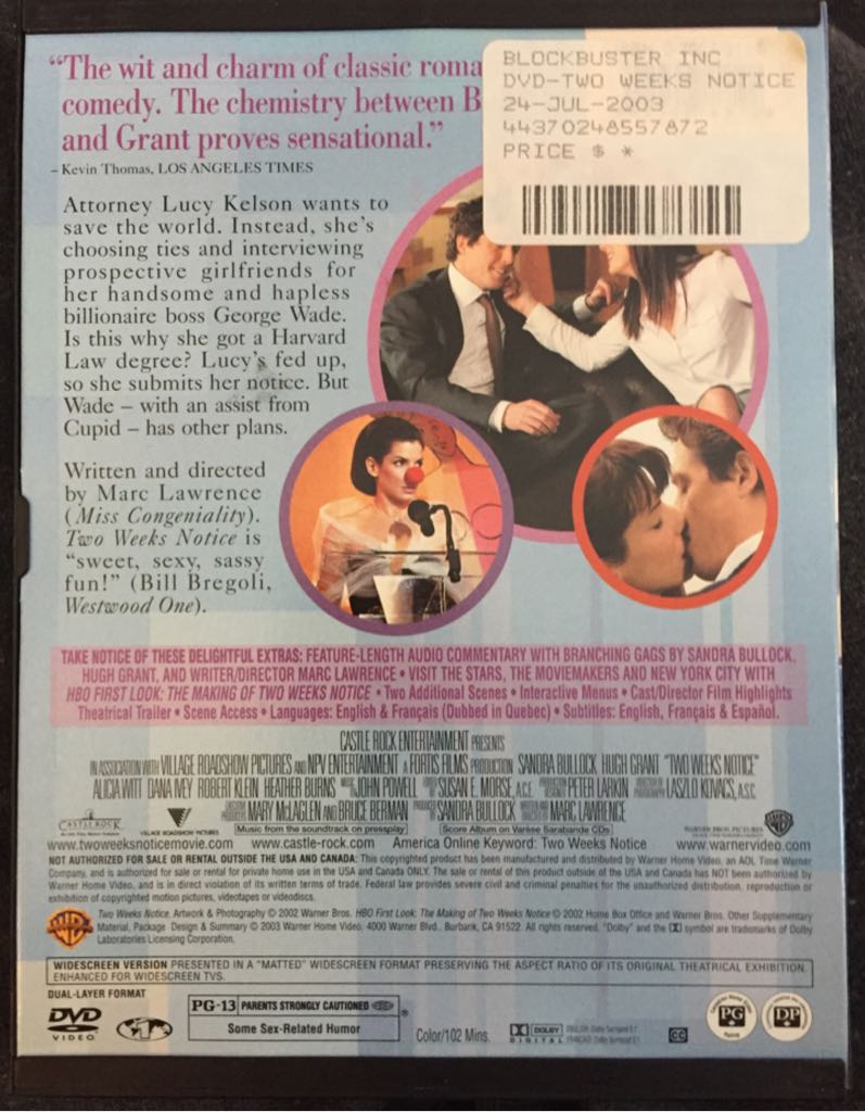 Two Weeks Notice Digital Copy movie collectible [Barcode 025392347885] - Main Image 2