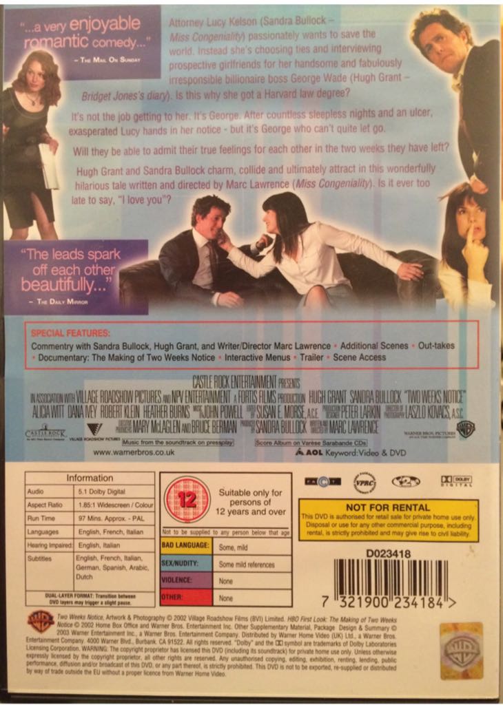 Two Weeks Notice DVD movie collectible [Barcode 7321900234184] - Main Image 2