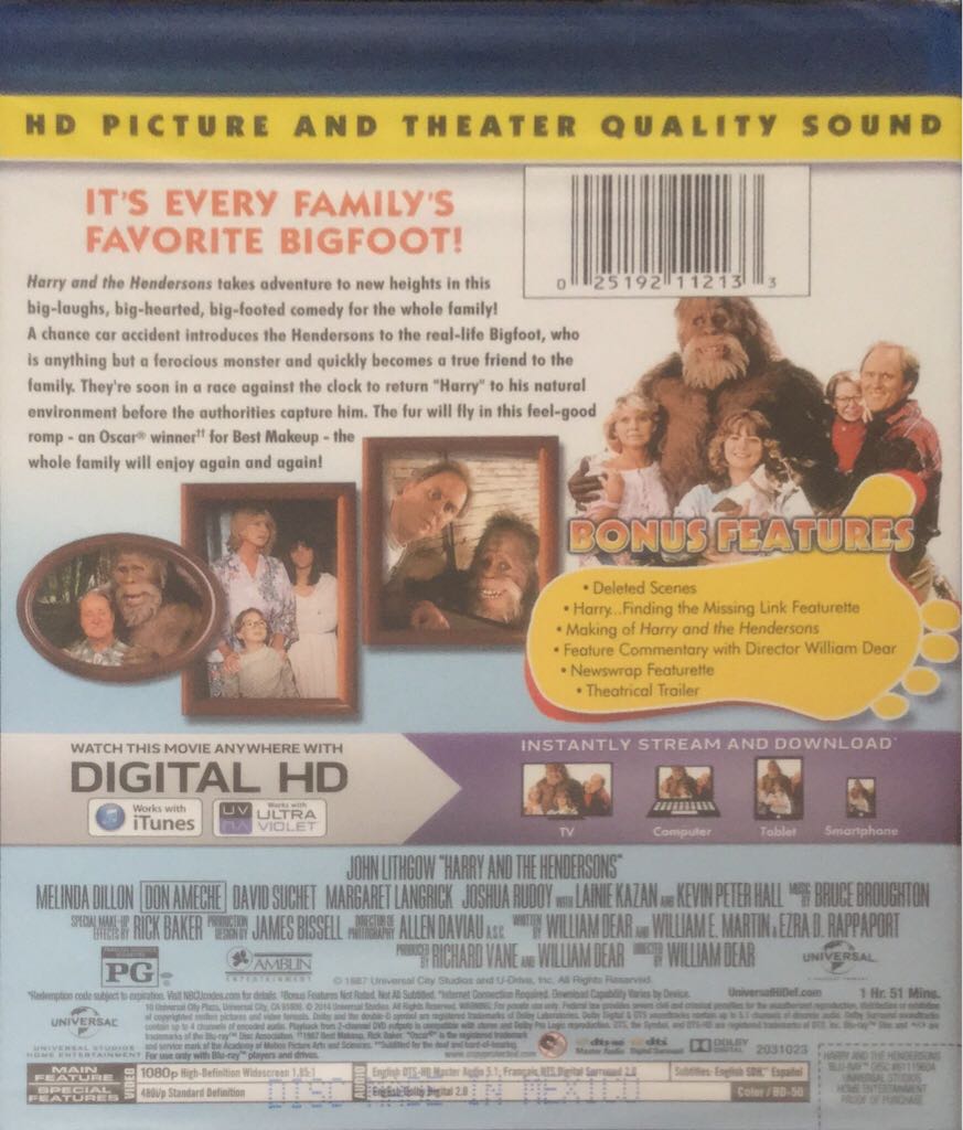 Harry and the Hendersons Blu-ray movie collectible [Barcode 025192112133] - Main Image 2
