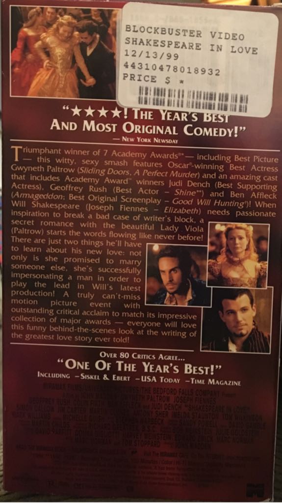 Shakespeare in Love VHS movie collectible [Barcode 065935130178] - Main Image 2