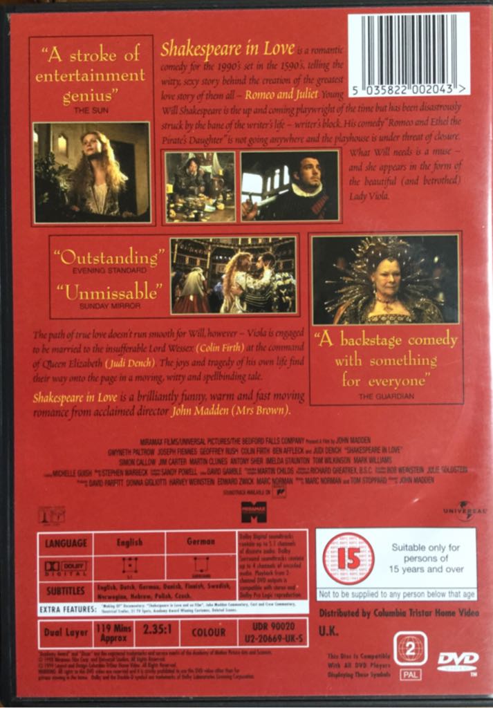 Shakespeare in Love DVD movie collectible [Barcode 5035822002043] - Main Image 2