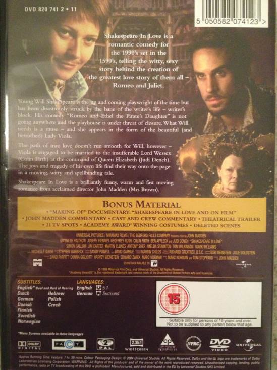 Shakespeare In Love (S) DVD movie collectible [Barcode 5050582074123] - Main Image 2