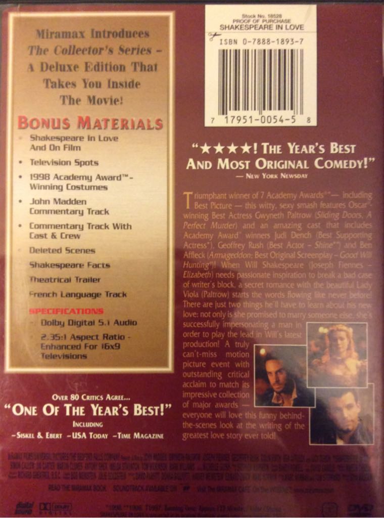 * Shakespeare in Love DVD movie collectible [Barcode 717951005458] - Main Image 2