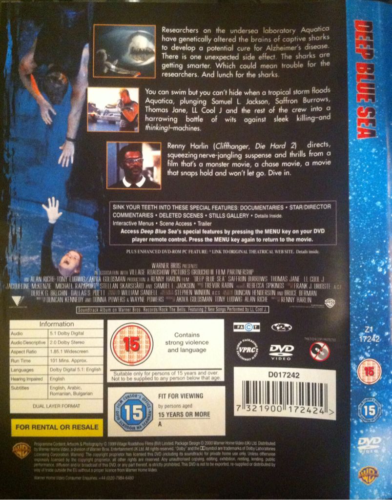 Deep Blue Sea DVD movie collectible [Barcode 7321900172424] - Main Image 2