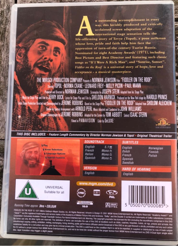 Fiddler on the Roof DVD movie collectible [Barcode 5050070000085] - Main Image 2