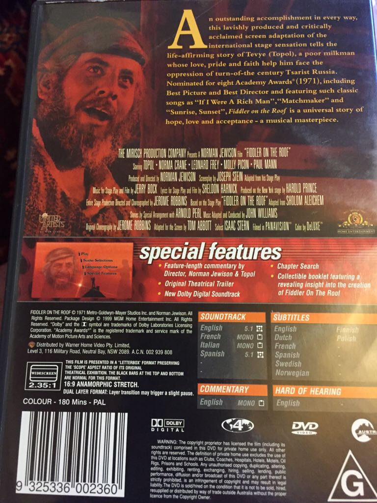 Fiddler on the Roof DVD movie collectible [Barcode 9325336002360] - Main Image 2