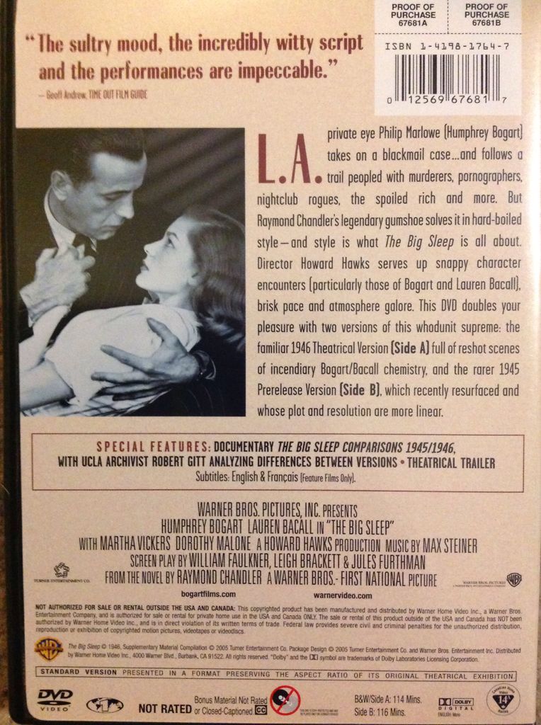The Big Sleep DVD movie collectible [Barcode 012569676817] - Main Image 2