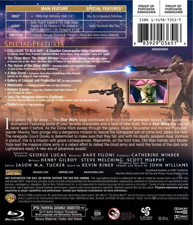 Star Wars The Clone Wars (Movie) Blu-ray movie collectible [Barcode 883929036516] - Main Image 2