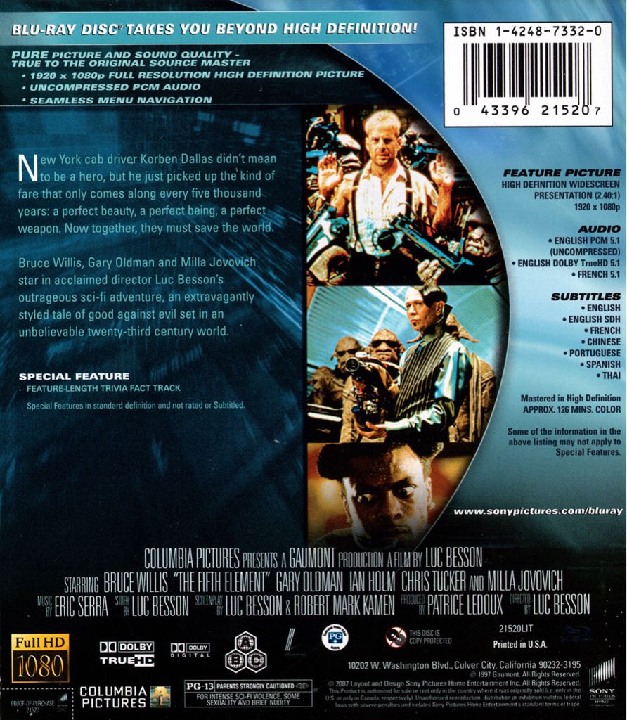 Fifth Element, The (BR) Blu-ray movie collectible [Barcode 043396366442] - Main Image 2