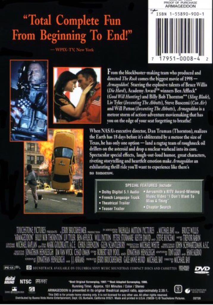 Armageddon DVD movie collectible [Barcode 0717951000842] - Main Image 2