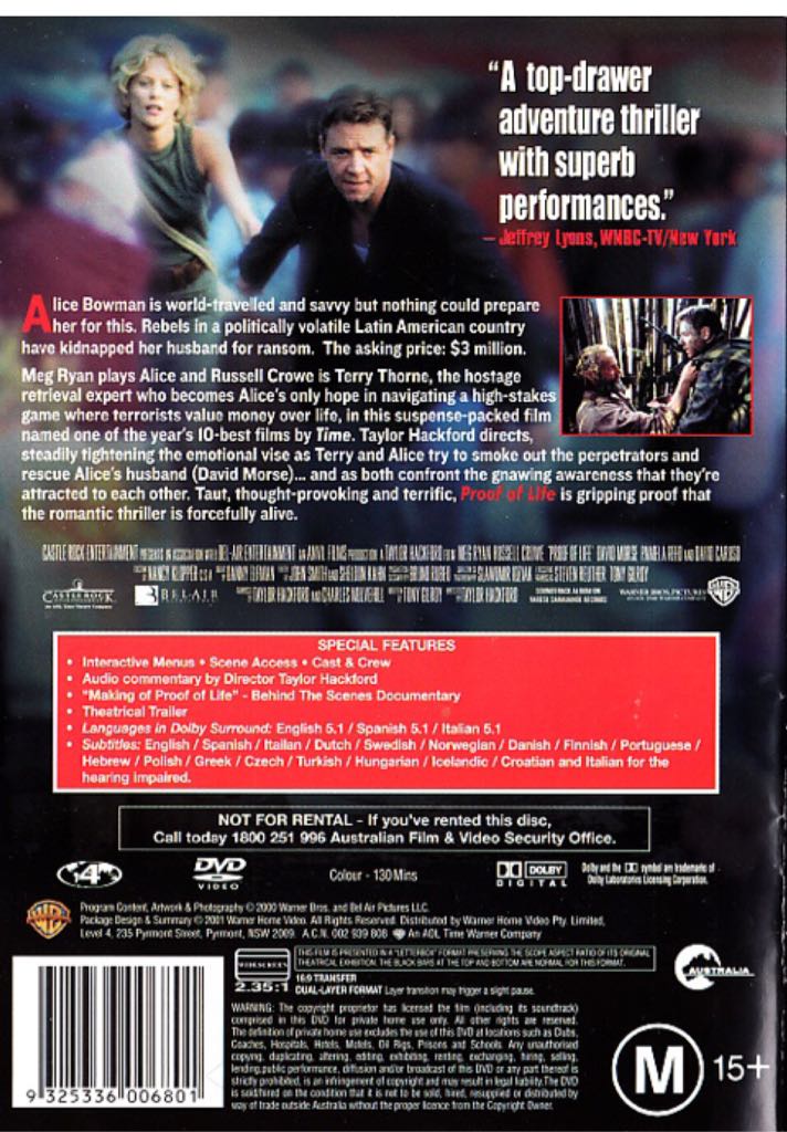 PROOF OF LIFE DVD movie collectible [Barcode 9325336006801] - Main Image 2