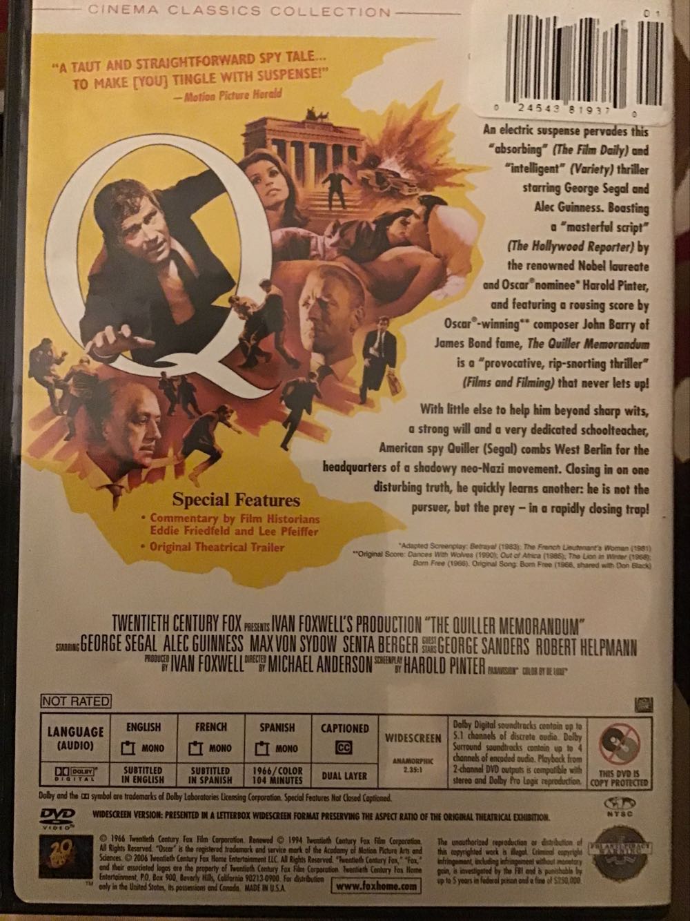 The Quiller Memorandum DVD movie collectible [Barcode 024543381440] - Main Image 2