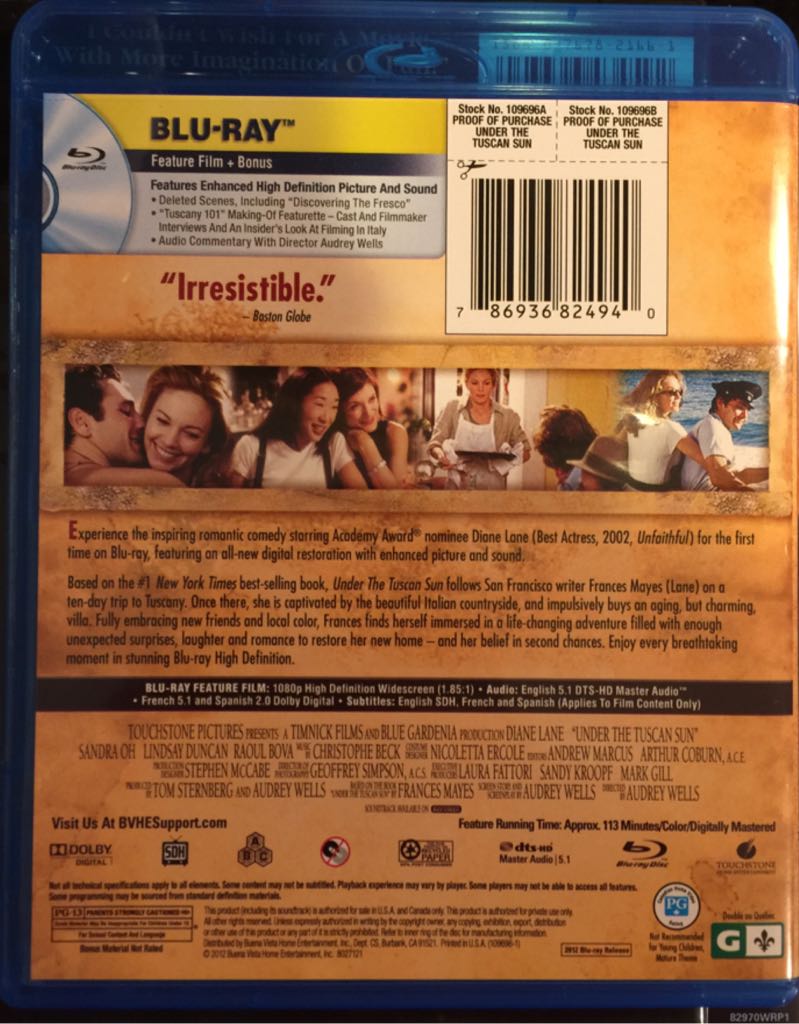 Under the Tuscan Sun Blu-ray movie collectible [Barcode 786936824940] - Main Image 2