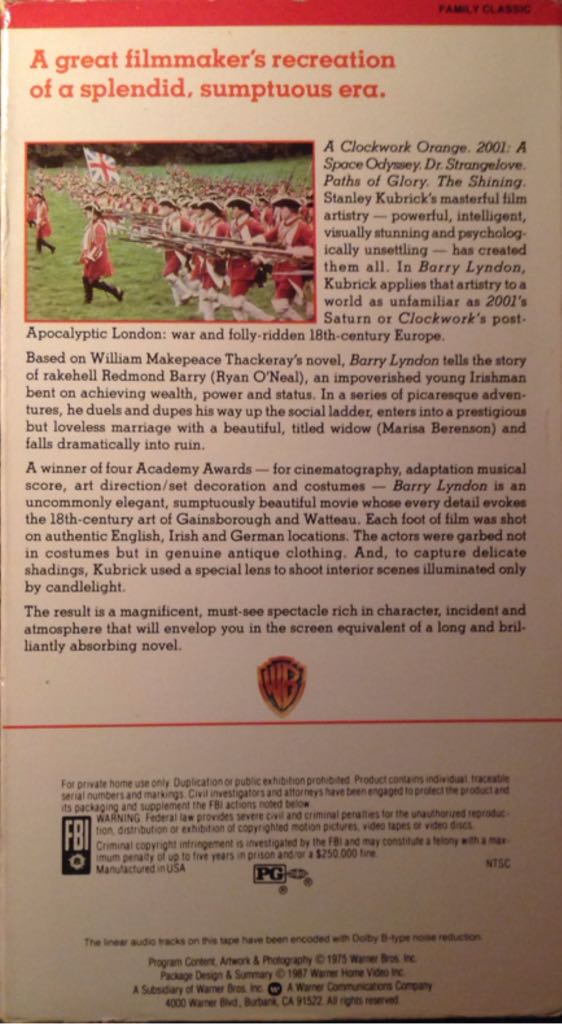Barry Lyndon VHS movie collectible [Barcode 085391117834] - Main Image 2