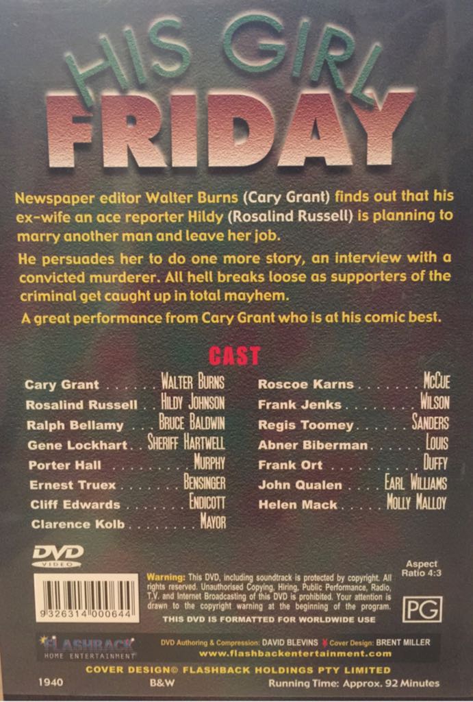 His Girl Friday DVD movie collectible [Barcode 9326314000644] - Main Image 2