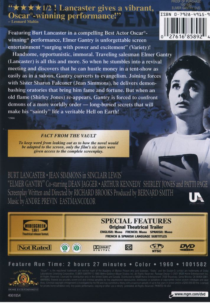 Elmer Gantry DVD movie collectible [Barcode 027616858924] - Main Image 2