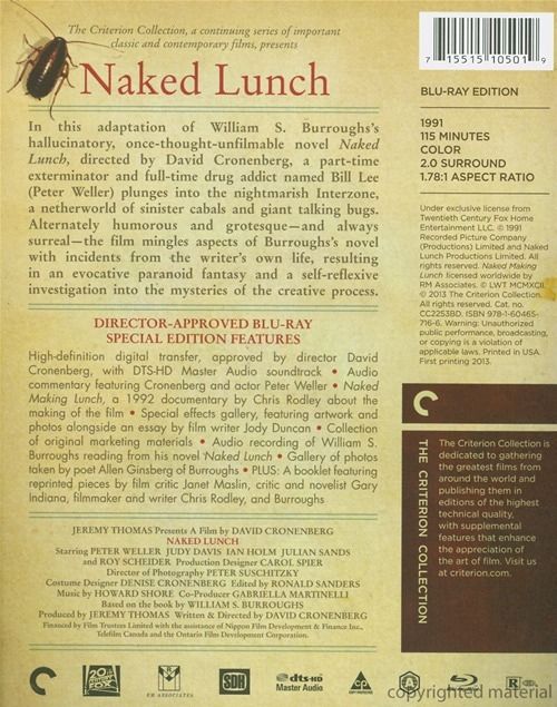 Naked Lunch Blu-ray movie collectible [Barcode 715515105019] - Main Image 2