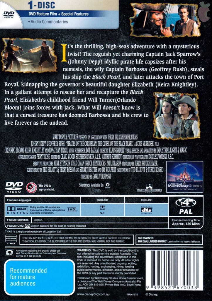 Pirates of the Caribbean 1: The Curse of the Black Pearl (2003) DVD DVD movie collectible [Barcode 9398521670033] - Main Image 2