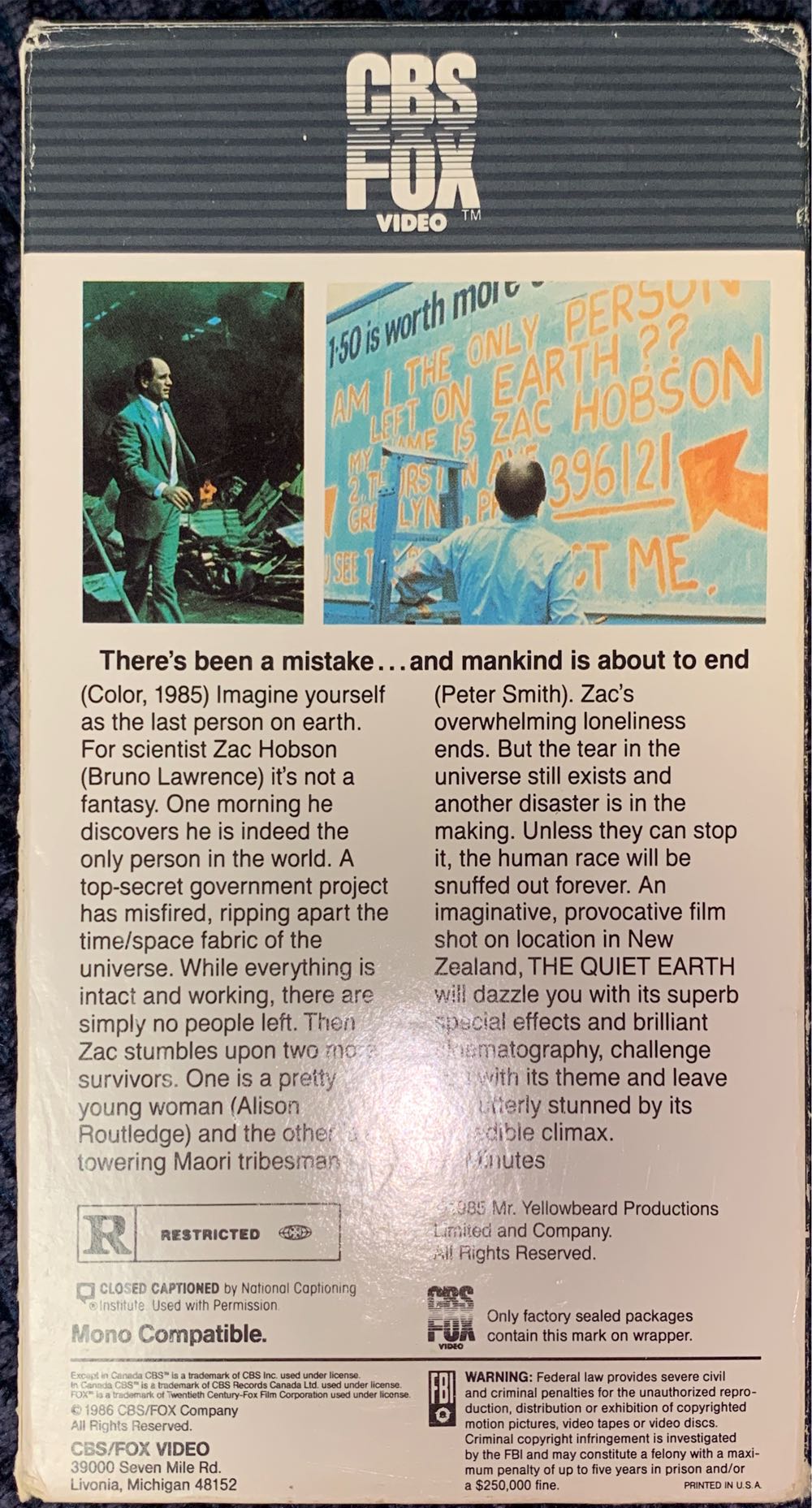 The Quiet Earth VHS movie collectible [Barcode 086162304231] - Main Image 2