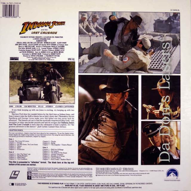 Indiana Jones III: The Last Crusade Laser Disc movie collectible [Barcode 013023239838] - Main Image 2