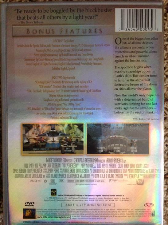 Independence Day DVD movie collectible [Barcode 024543000457] - Main Image 2