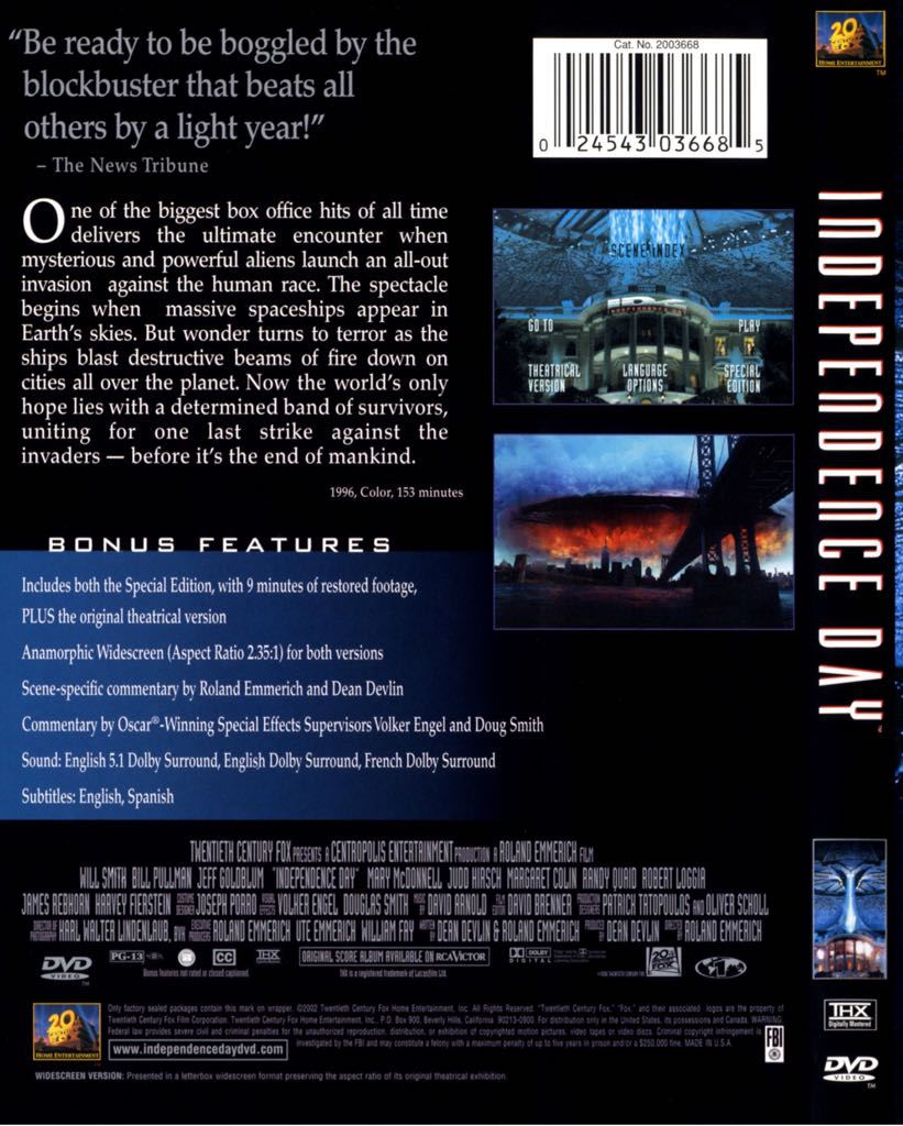 Independence Day Blu-ray movie collectible [Barcode 024543037712] - Main Image 2