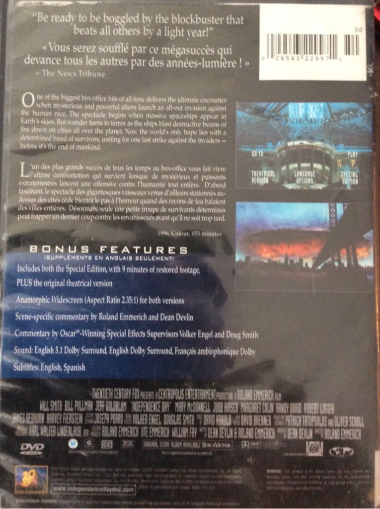 Independence Day DVD movie collectible [Barcode 024543229971] - Main Image 2