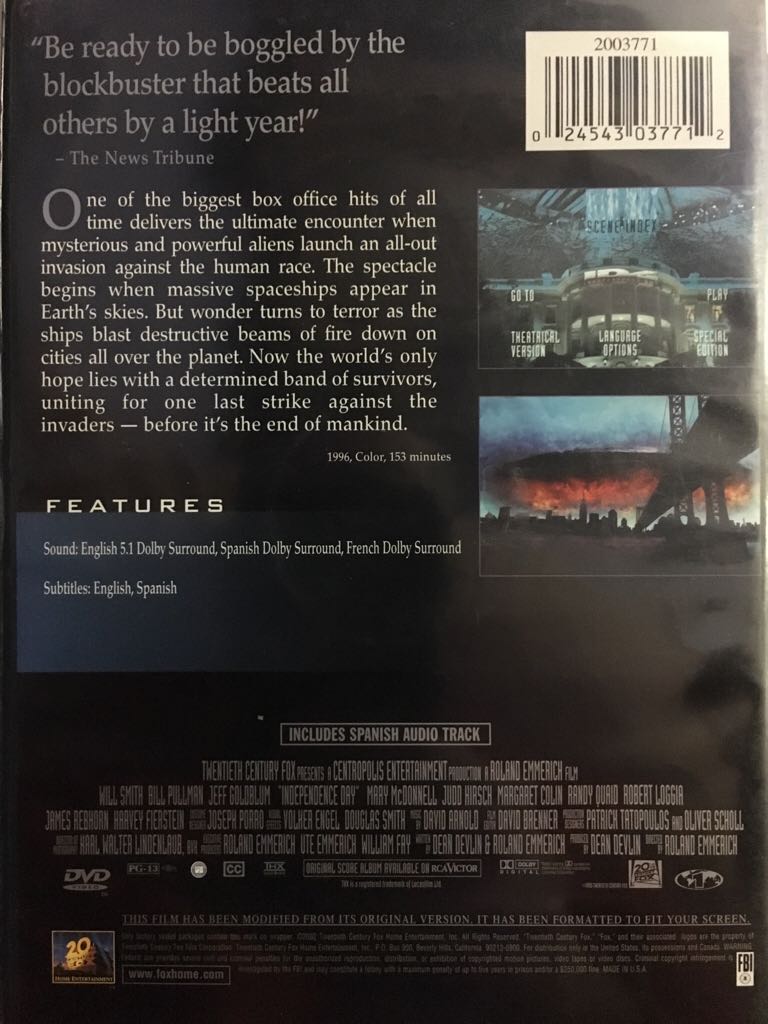 Independence Day DVD movie collectible [Barcode 024543662952] - Main Image 2