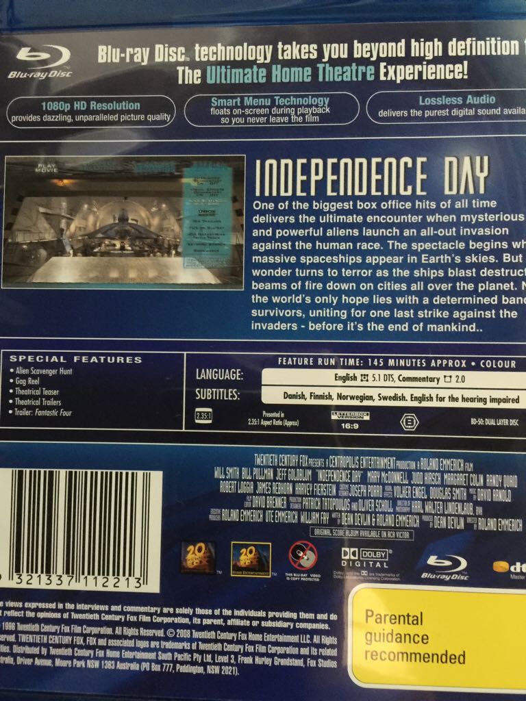 Independence Day Blu-ray movie collectible [Barcode 9321337112213] - Main Image 2