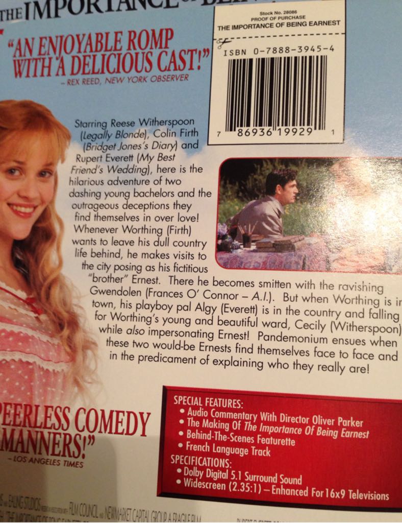 The Importance of Being Earnest DVD-R movie collectible [Barcode 786936199291] - Main Image 2