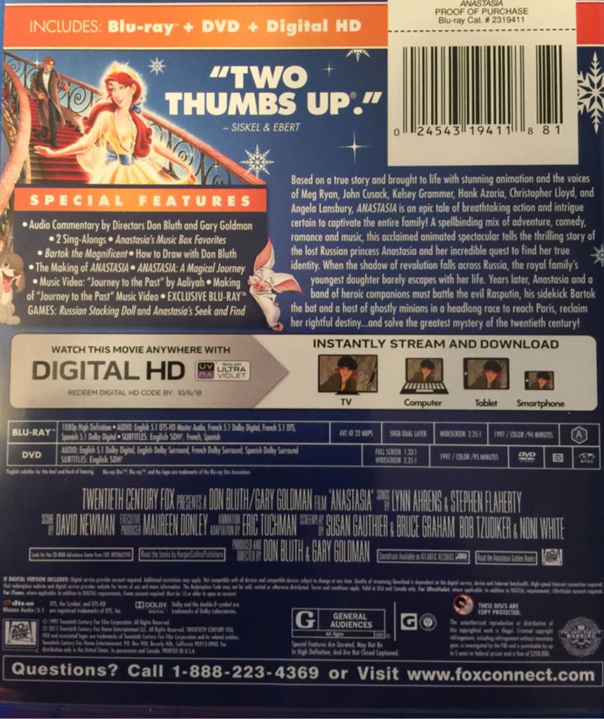 Anastasia Blu-ray movie collectible [Barcode 024543194118] - Main Image 2