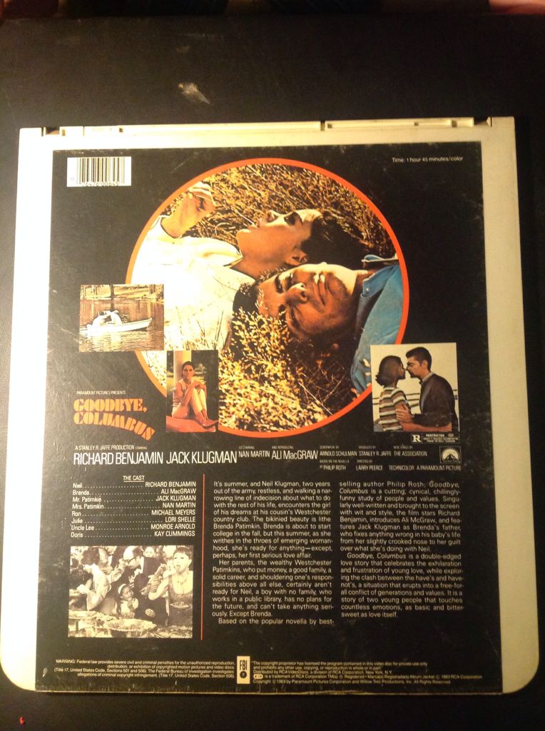 Goodbye, Columbus CED movie collectible [Barcode 076476006457] - Main Image 2