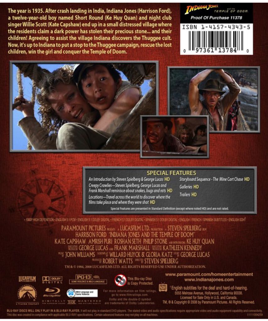 Indiana Jones and the Temple of Doom Blu-ray movie collectible [Barcode 5051368256139] - Main Image 2