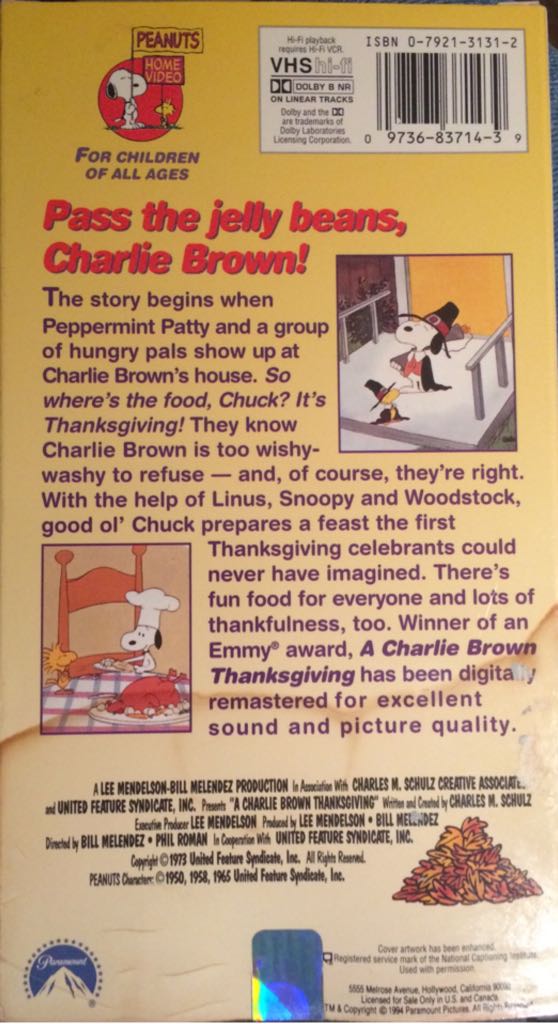 Charlie Brown Thanksgiving (VHS) VHS movie collectible [Barcode 097368371439] - Main Image 2
