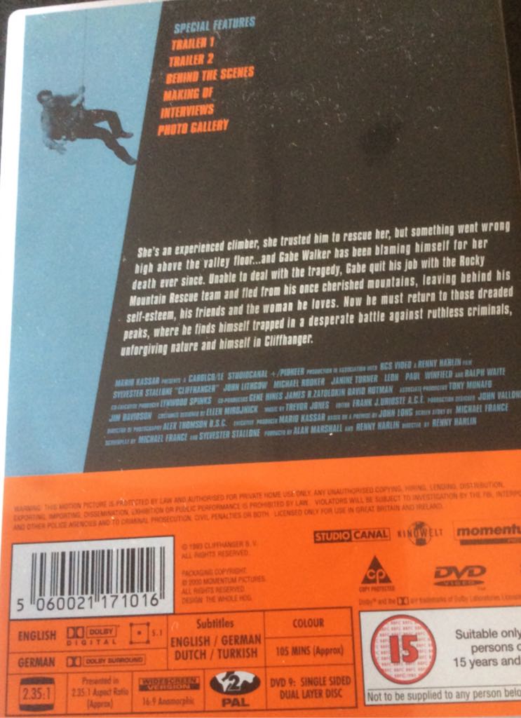 Cliffhanger DVD movie collectible [Barcode 5060021171016] - Main Image 2