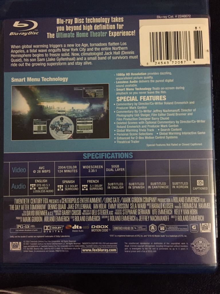 Day After Tomorrow Blu-ray movie collectible [Barcode 024543720676] - Main Image 2