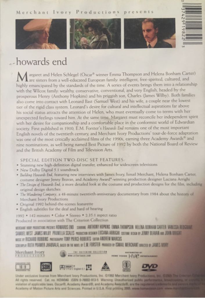 Howards End DVD movie collectible [Barcode 037429198223] - Main Image 2