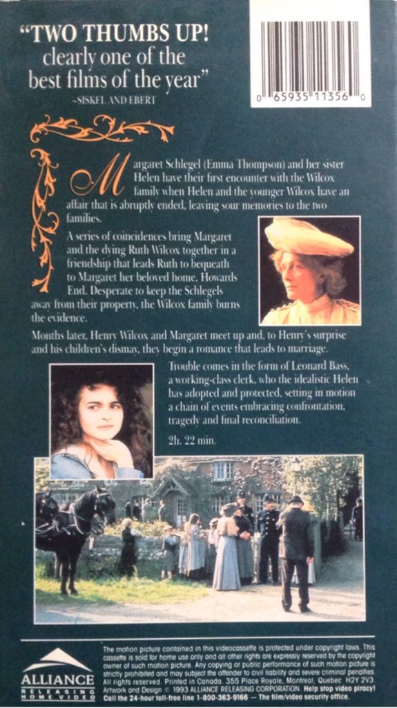 Howards End (1992) VHS VHS movie collectible [Barcode 065935113560] - Main Image 2