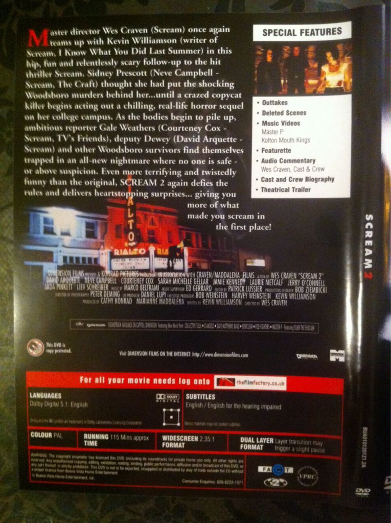 Scream 2 DVD movie collectible [Barcode 5017180883007] - Main Image 2