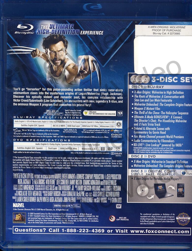 X-Men Origins: Wolverine Blu-ray movie collectible [Barcode 024543311591] - Main Image 2