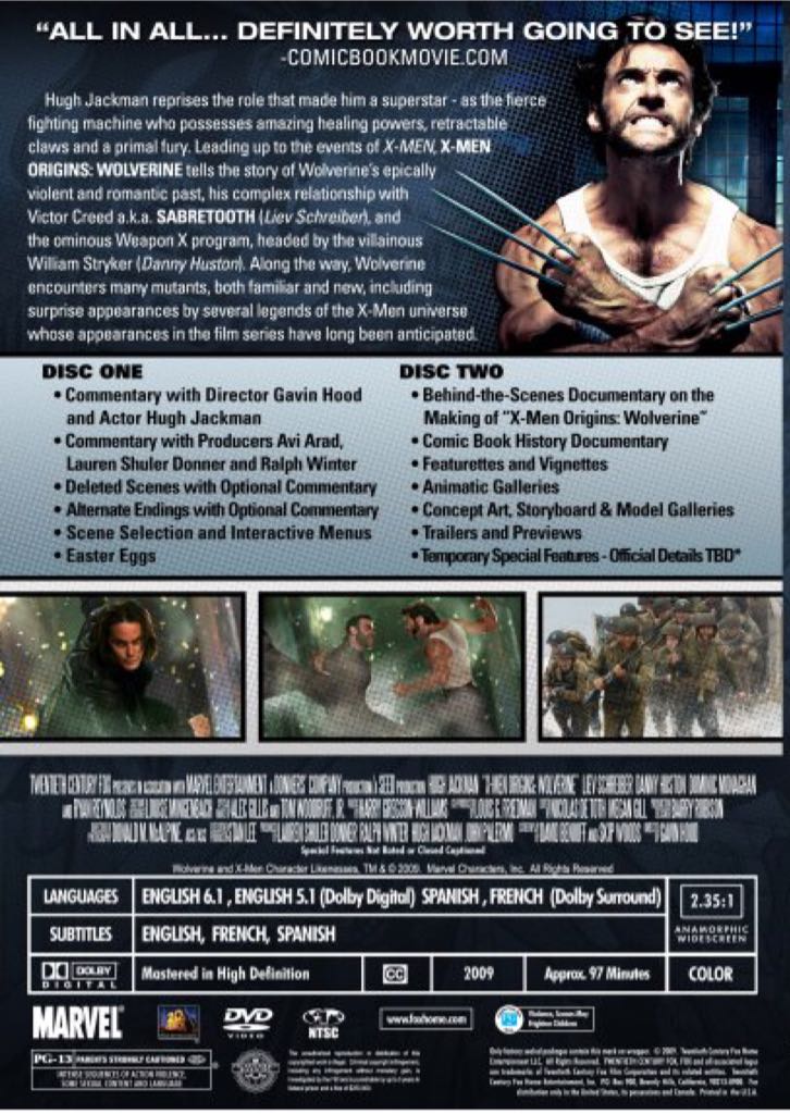 X Men 4: Origin Wolverine DVD movie collectible [Barcode 9321337119335] - Main Image 2