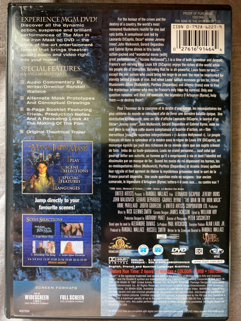 The Man in the Iron Mask DVD movie collectible [Barcode 8712626001430] - Main Image 2