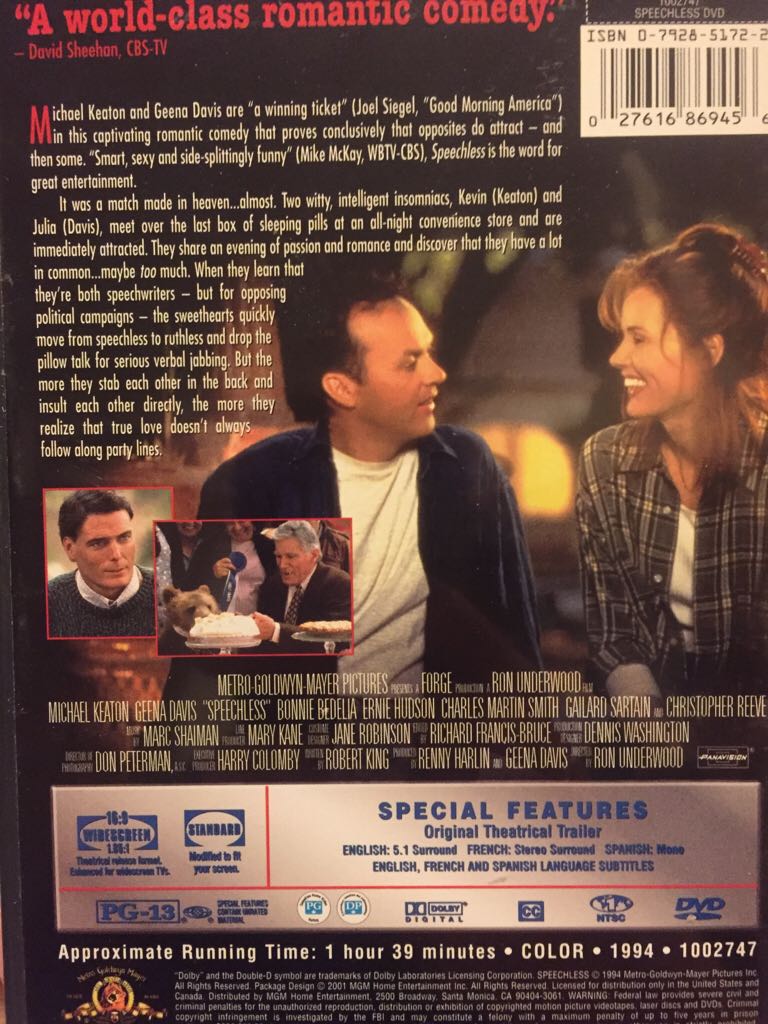 Speechless DVD movie collectible [Barcode 027616869456] - Main Image 2