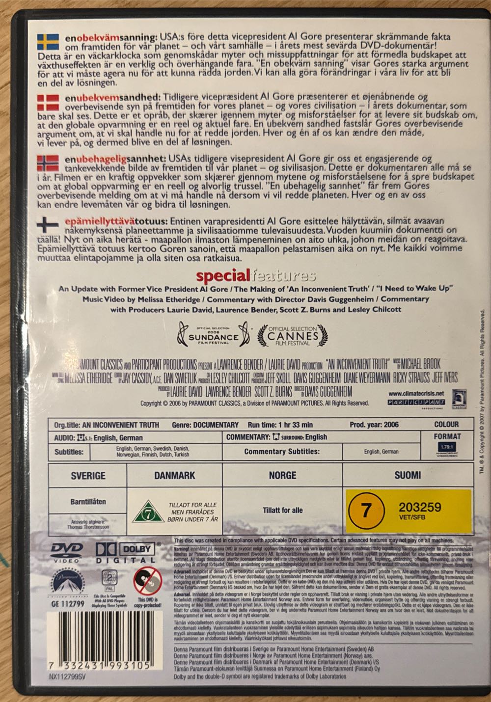 An Inconvenient Truth DVD movie collectible [Barcode 7332431993105] - Main Image 2