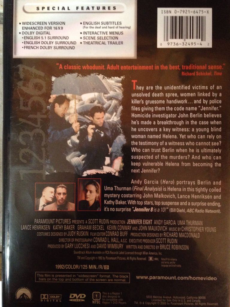 Jennifer 8 DVD movie collectible [Barcode 097363249542] - Main Image 2