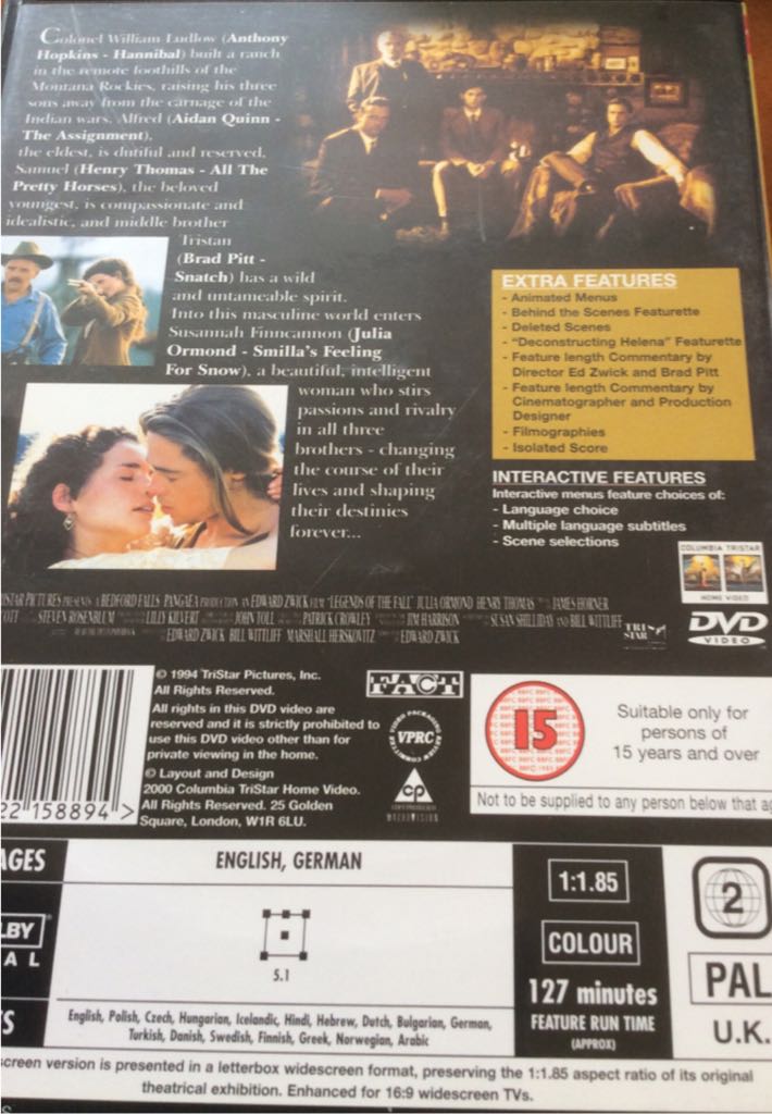 Legends of the Fall DVD movie collectible [Barcode 5035822158894] - Main Image 2