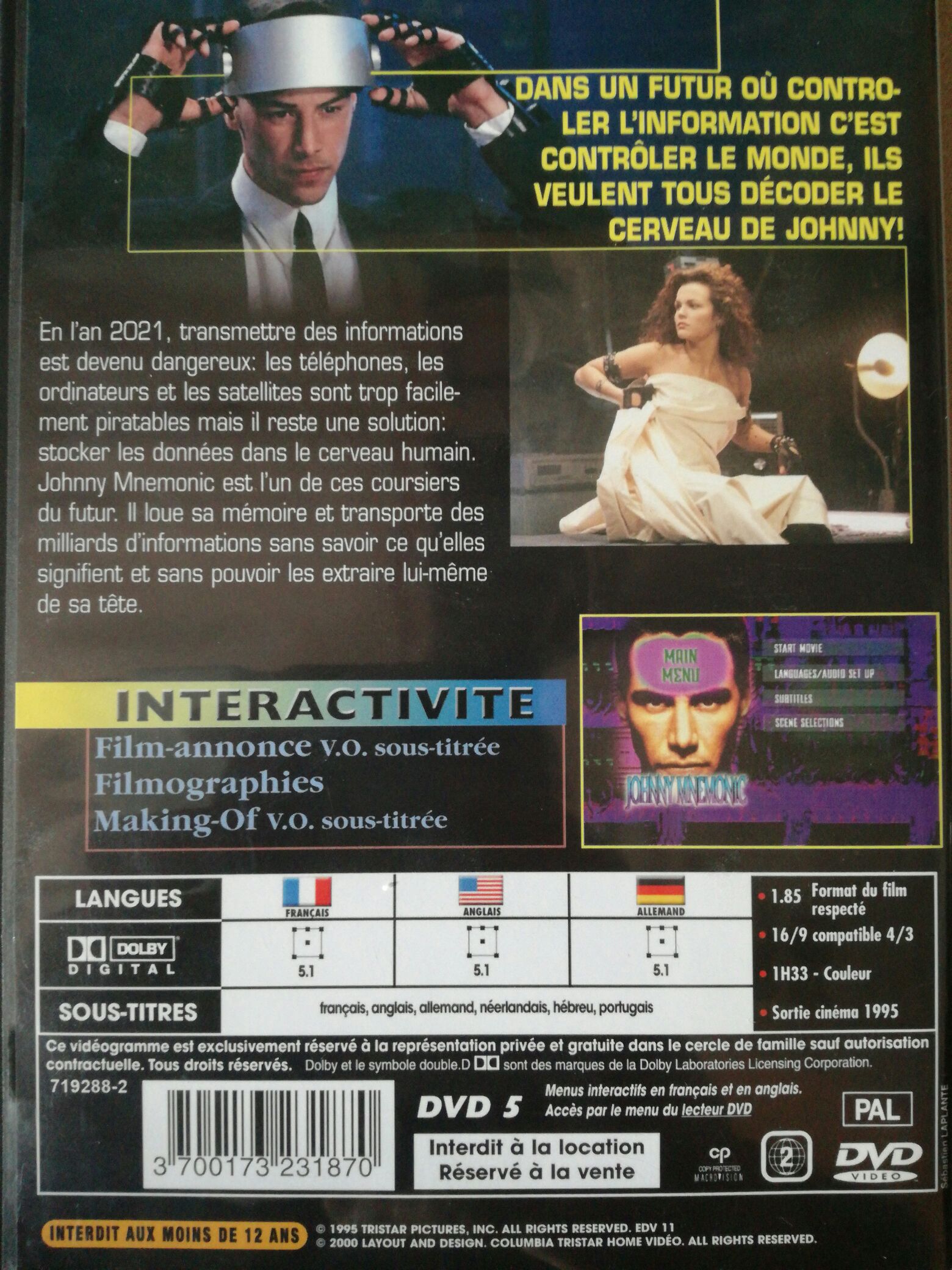 Johnny Mnemonic DVD movie collectible [Barcode 3700173231870] - Main Image 2