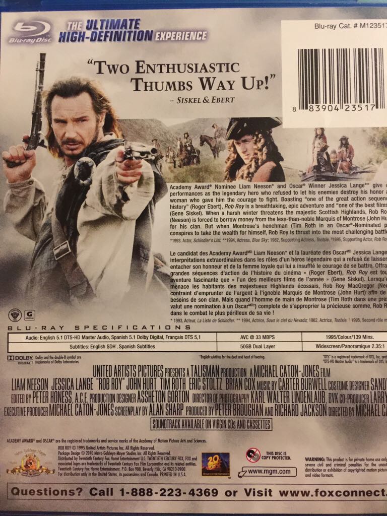 Rob Roy. BR Blu-ray movie collectible [Barcode 883904235170] - Main Image 2