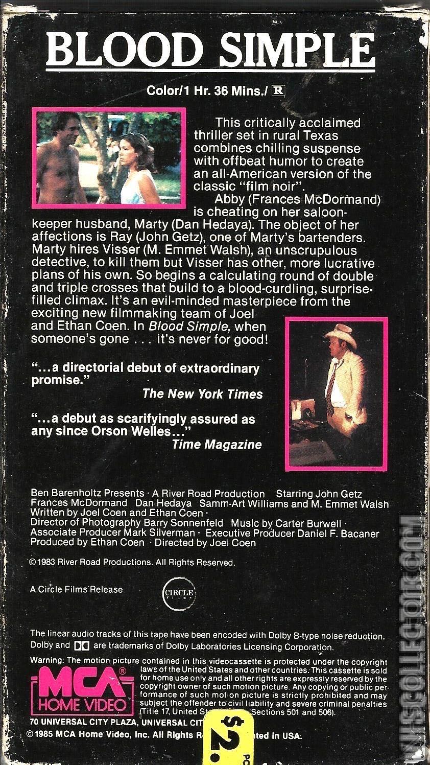Blood Simple VHS movie collectible [Barcode 096898018036] - Main Image 2